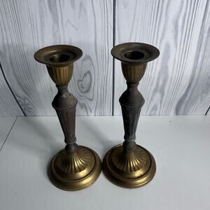 Set of 2 Vintage Brass Candlestick Holders Matching Pair Patina 8”